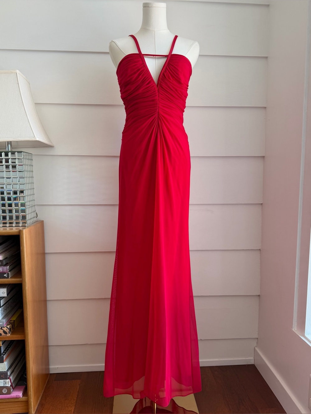 Vintage Tadashi Shoji Dress Red Chiffon Ruched Halter Evening Gown Maxi Dress